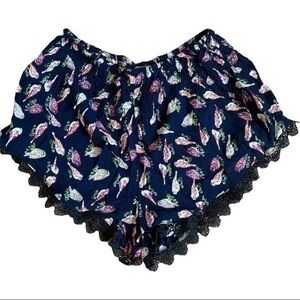 Shosho size small shorts dark navy with colorful birds, black lace fringe